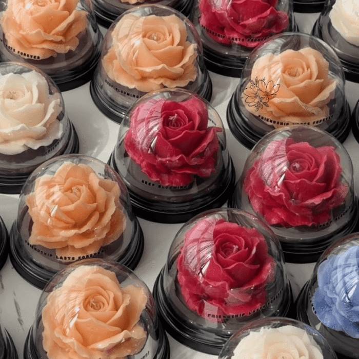 closed of multicolour Scented Candle 65g + Wooden Coaster – in Transparent Box with Lid Perfect as wedding gift