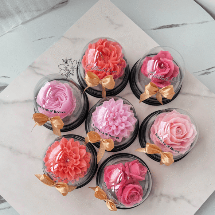 Six Large Scented Candle 65g + Wooden Coaster – in Transparent Box with Lid suits a wedding gift