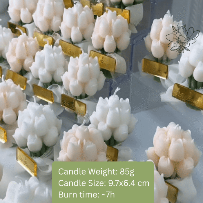 Multicolour tulip bouquet Soy wax and beeswax scented candle size L with ribbon bow and acrylic label, ideal for a wedding gift and event gift