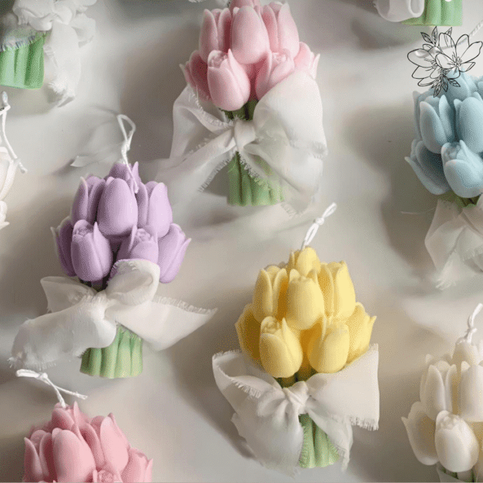 Multicolour tulip bouquet Soy wax and beeswax scented candle size L with ribbon bow, ideal for a wedding gift and event gift