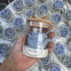 blue scented candle in a shape of rose in 200ml glass with wooden lid, perfect as wedding gift and door gift