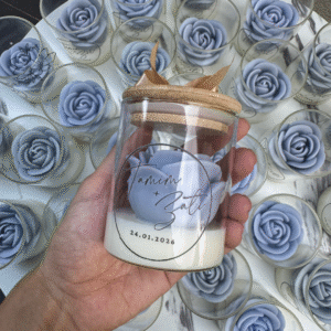 blue scented candle in a shape of rose in 200ml glass with wooden lid, perfect as wedding gift and door gift