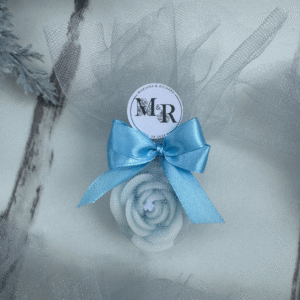 blue scented candle doorgift with custom blue ribbon bow in mesh, perfect as wedding gift