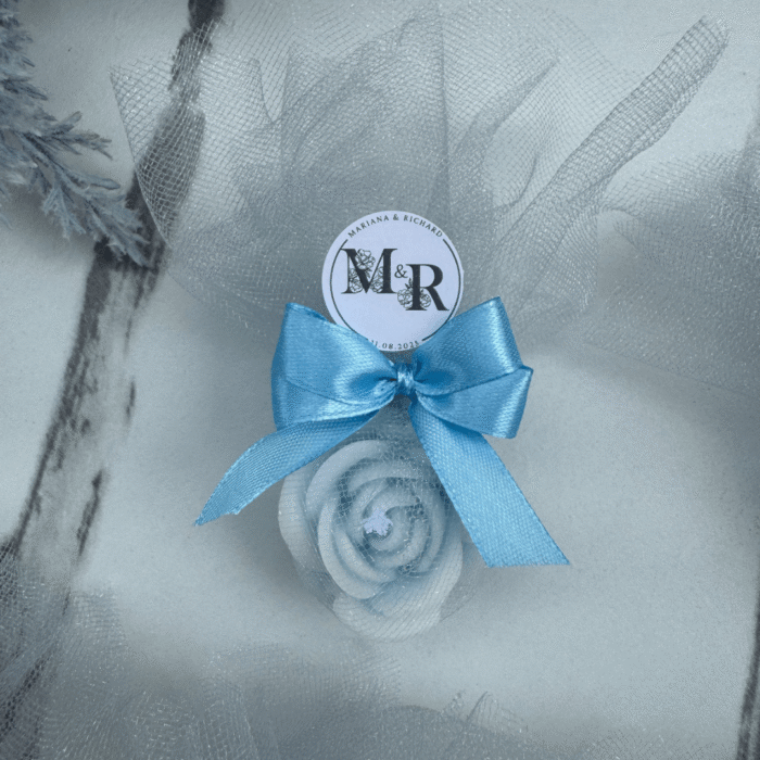 blue scented candle doorgift with custom blue ribbon bow in mesh, perfect as wedding gift