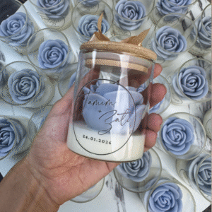 wedding gift scented candle in glass, blue rose shape