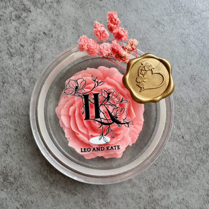 wedding gift pink peony scented candle in acrylic box with custom label and dry flowers deco