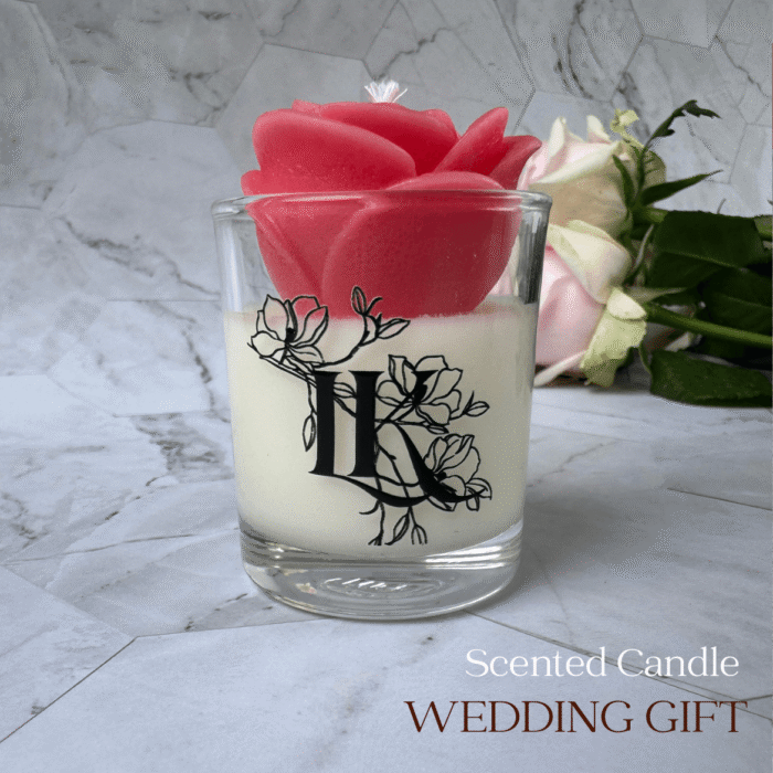 wedding candle in glass with flower decor